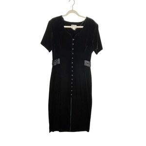 Vintage RJ & Co Black Velvet Button Front Midi Dress Size‎ 16 Made in USA